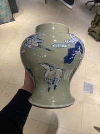 Een Chinese blauw-witte en onderglazuur rode vaas met celadon fondkleur, Kangxi
